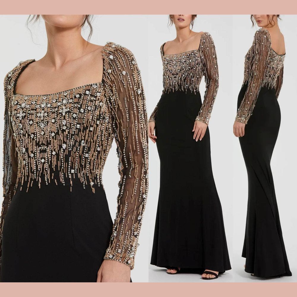 NWT MAC DUGGAL [ 14 ] 2256 Beaded Square Neck Long Sleeve Jersey Gown Black gold